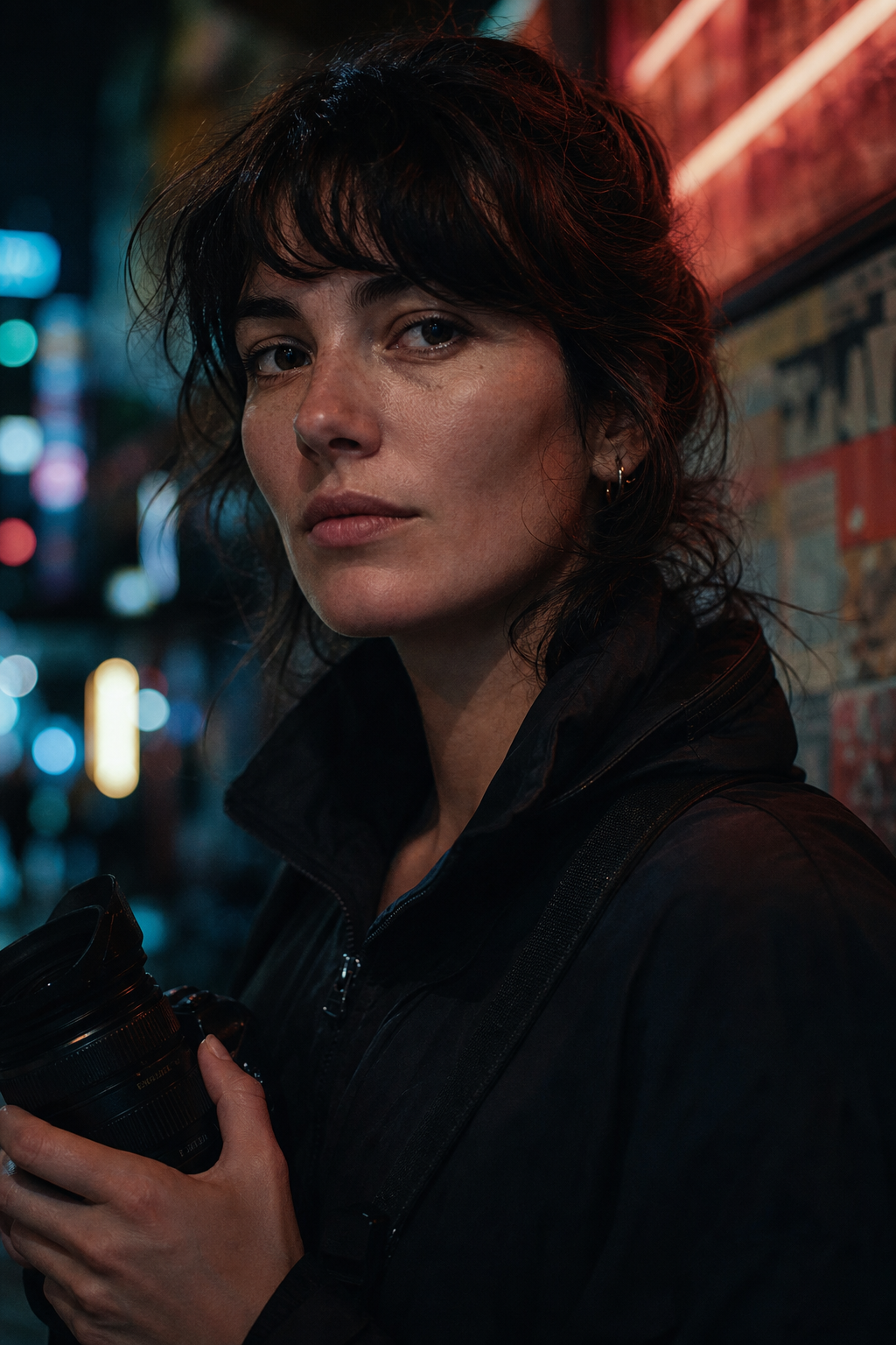 Ines Calder portrait in moody nighttime tones with documentary style framing