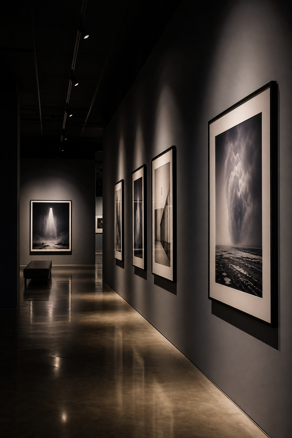 Moody contemporary gallery corridor with framed photographic works under cinematic light