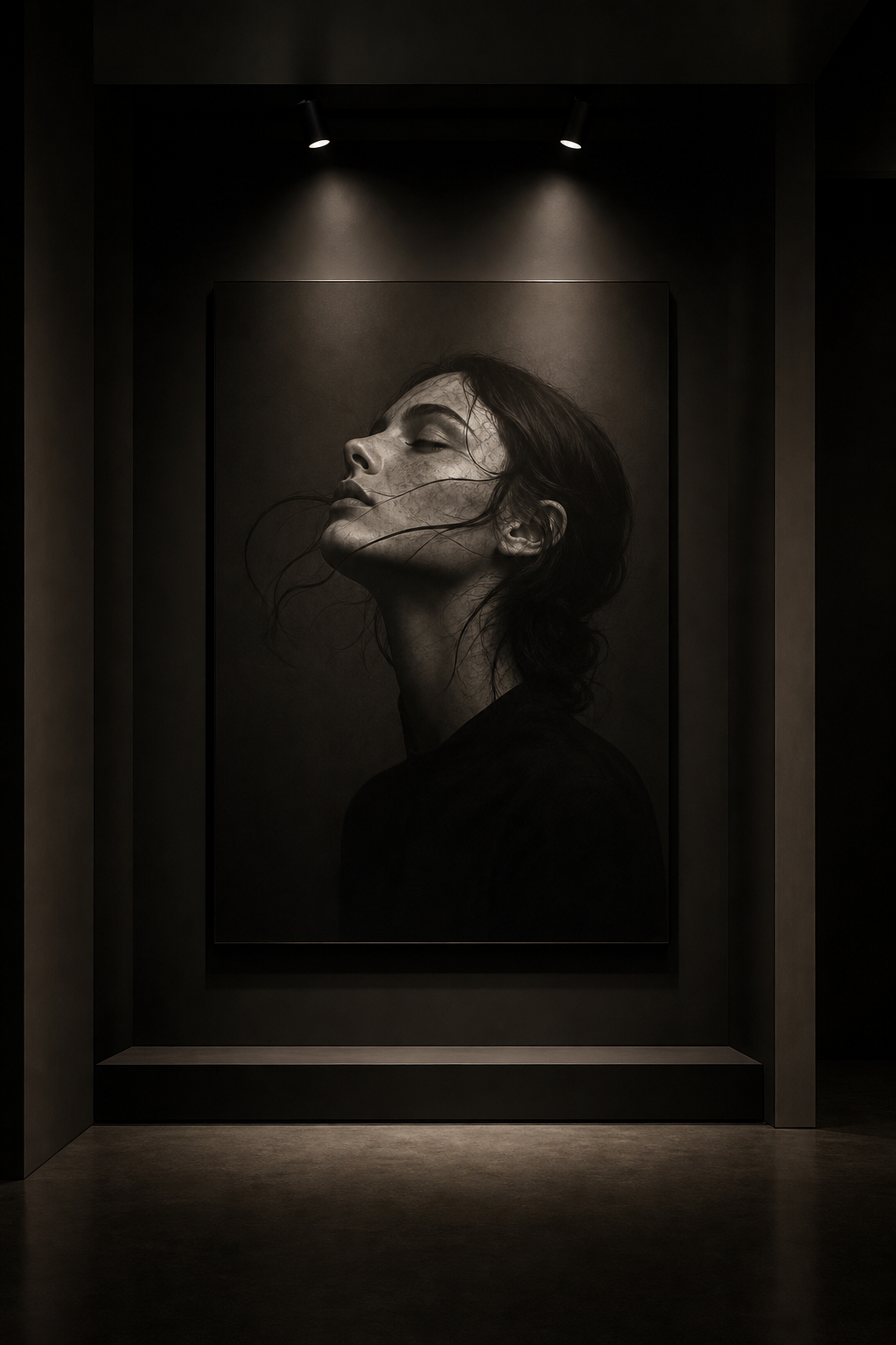 Monochrome portrait artwork mounted in a moody gallery corner with directional spotlights