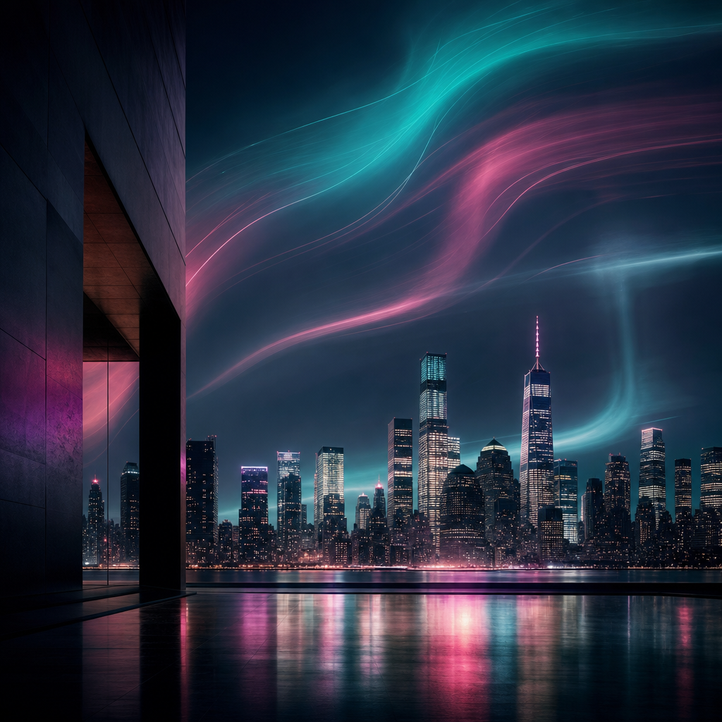 Aurora Residue artwork featuring layered teal and pink nocturnal light trails across a skyline