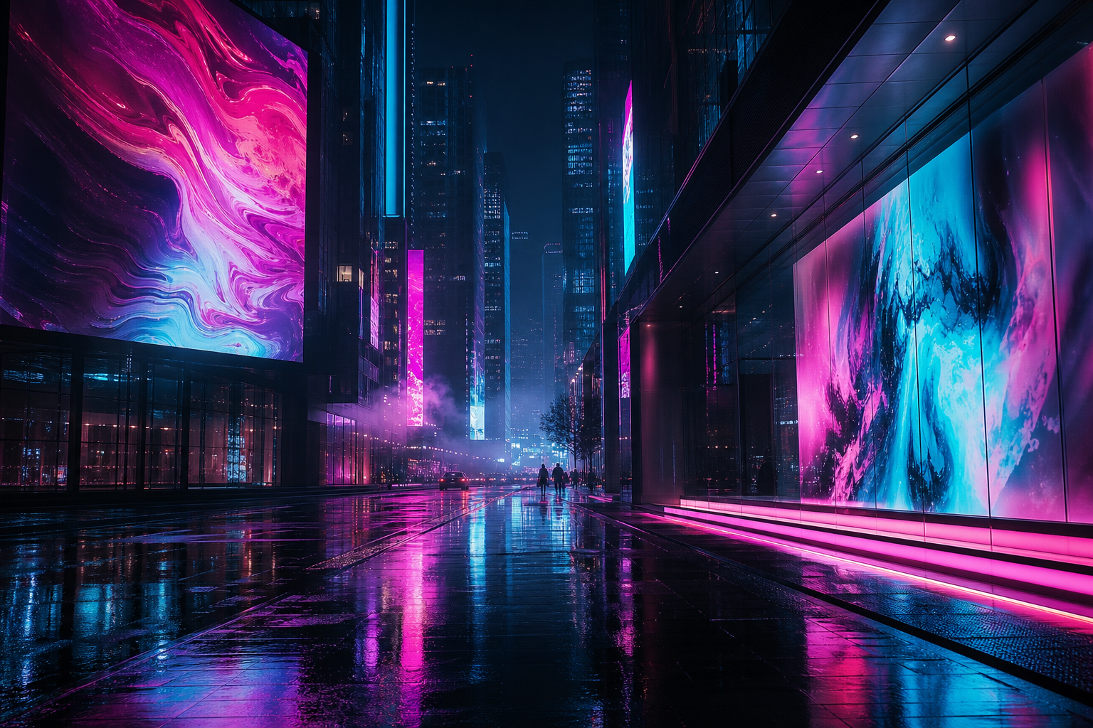 Chromatic Drift artwork with luminous magenta and cyan reflections over a rainy futuristic street