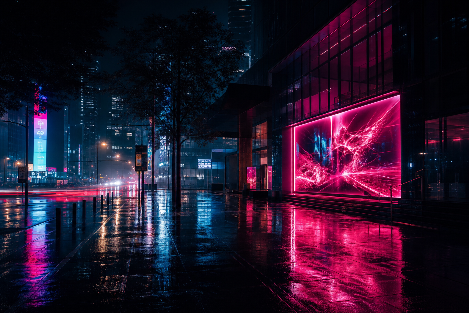 Electric magenta and cyan city reflections on wet night pavement
