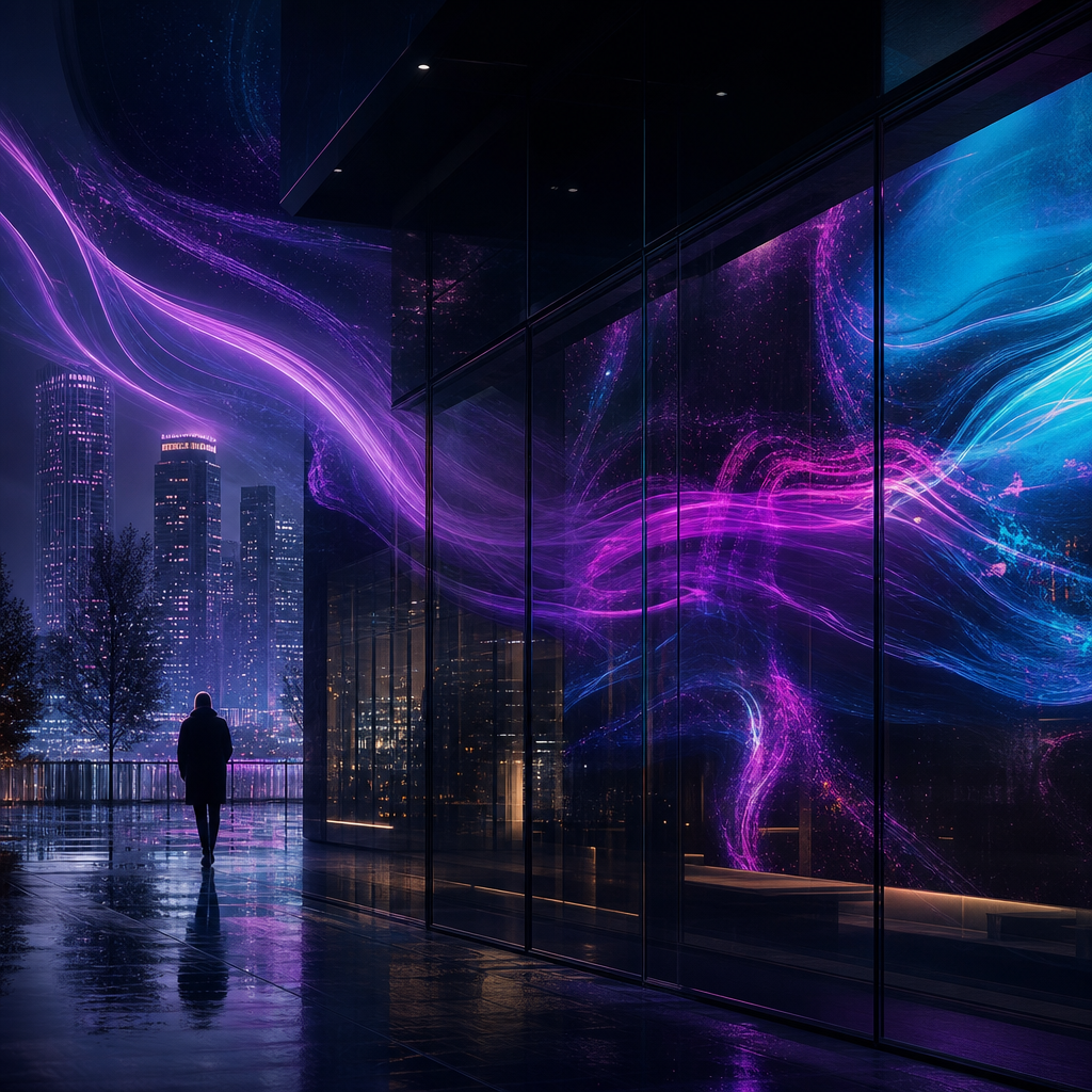 Neon Current artwork showing electric violet and blue currents flowing through urban glass surfaces