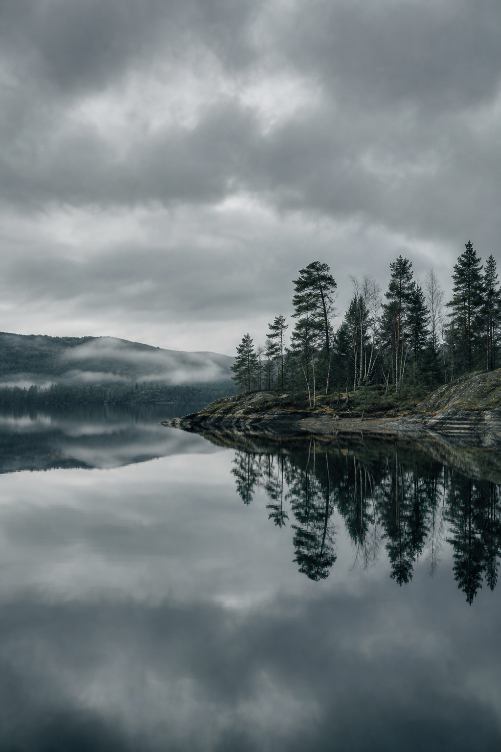 Still Nordic lake under overcast sky with mirrored shoreline and muted green-blue tones