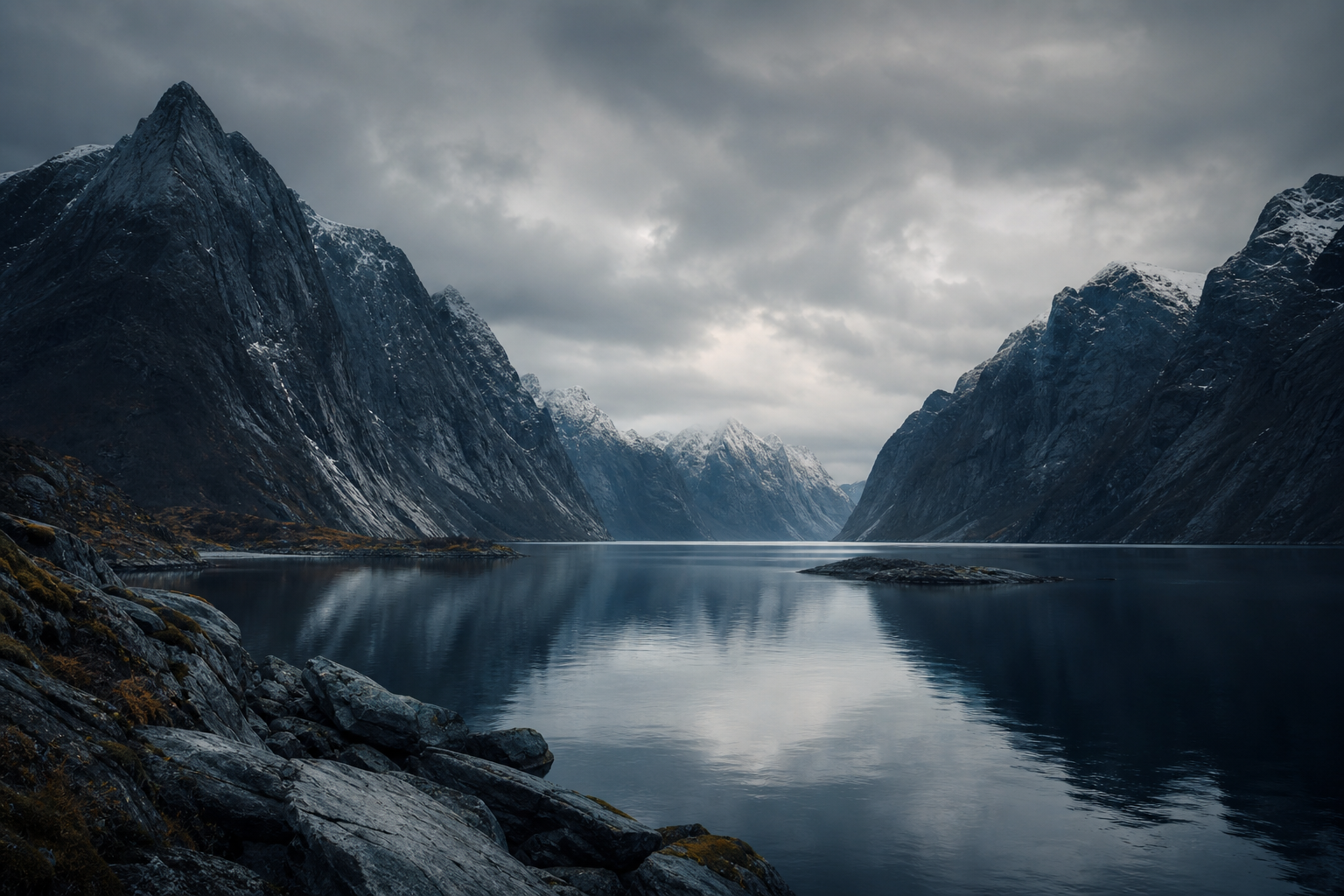 Cold fjord valley with pale sky, stone ridges, and still water
