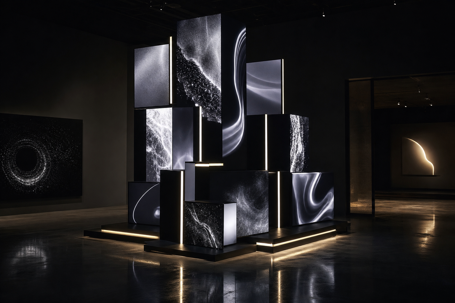 Digital installation of layered LED screens and sculptural light forms in a dark room
