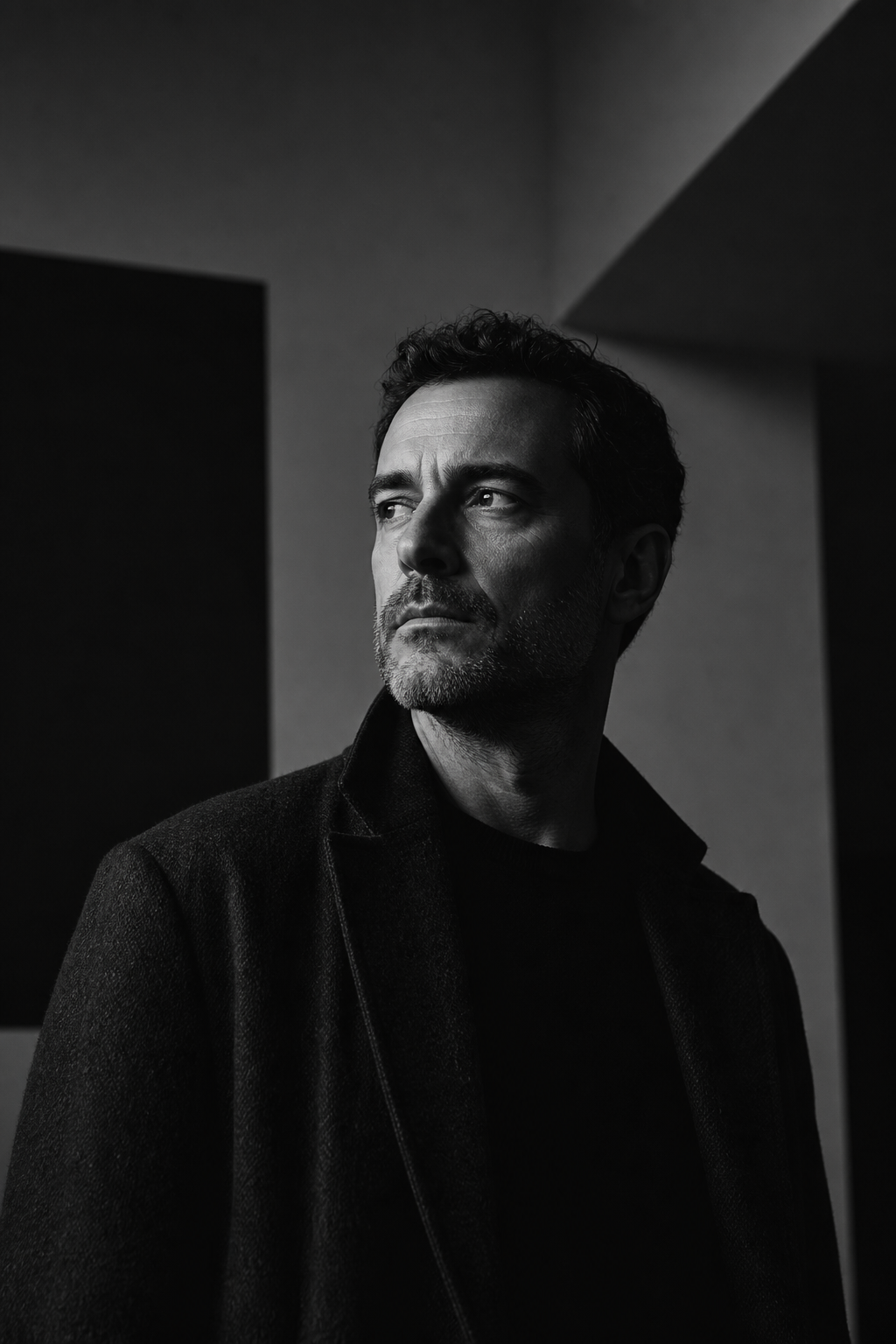 Theo Marek portrait in moody monochrome tones with cinematic framing