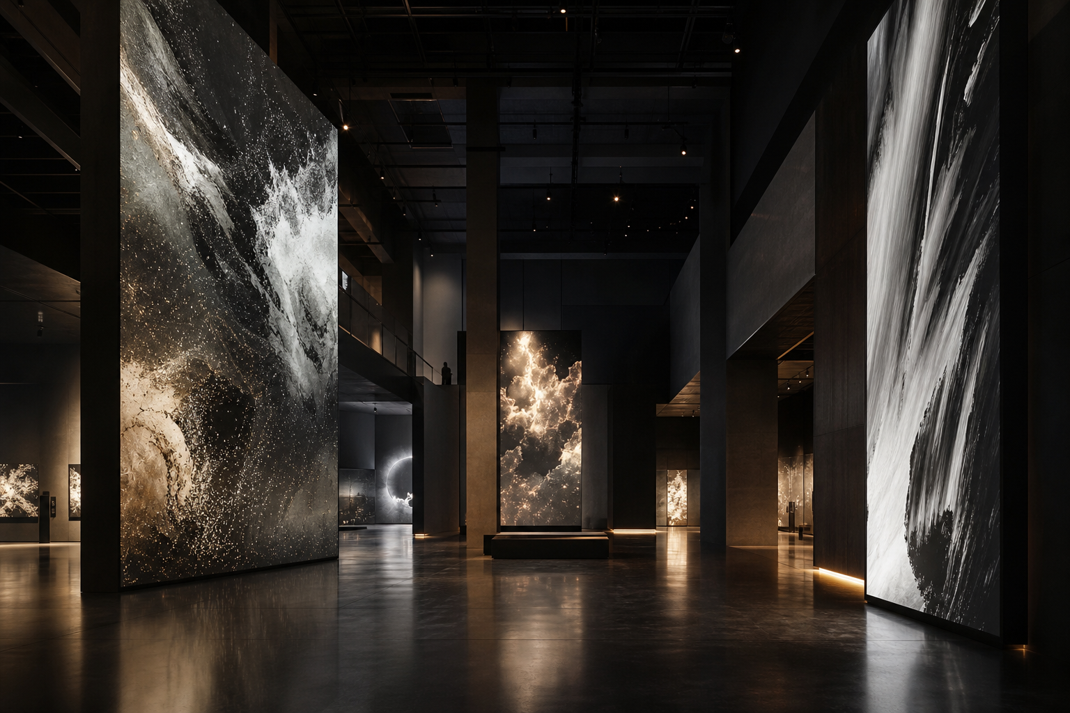 Cinematic contemporary gallery interior with large digital projection panels and moody architectural lighting