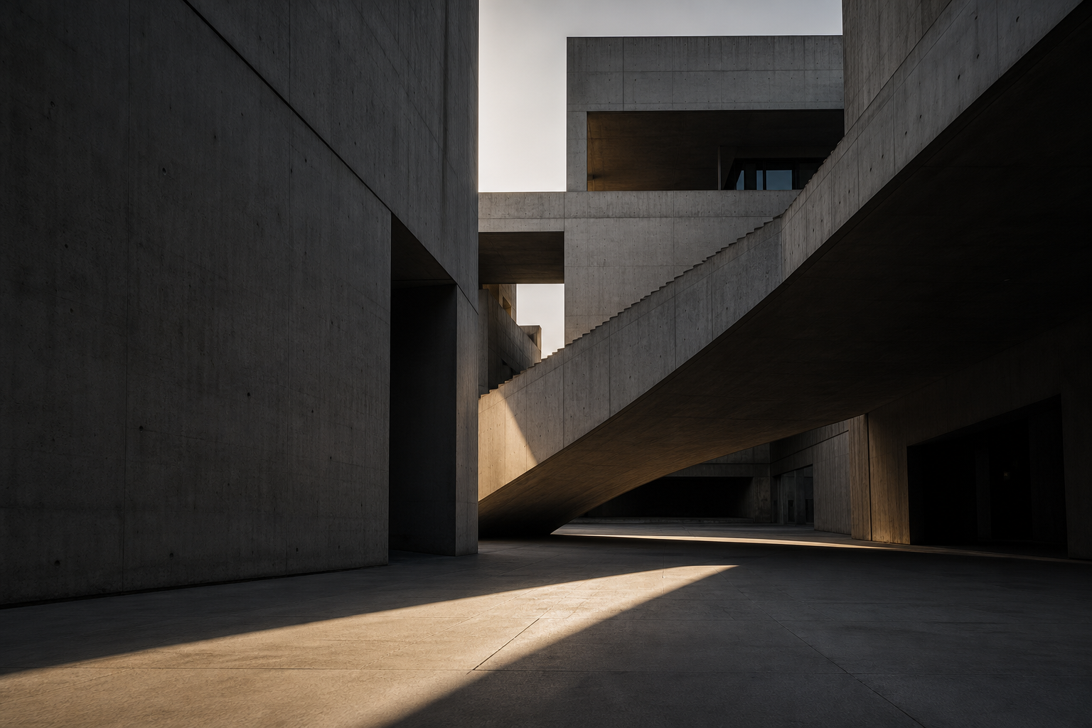Brutalist concrete structure with narrow light beams and an empty foreground