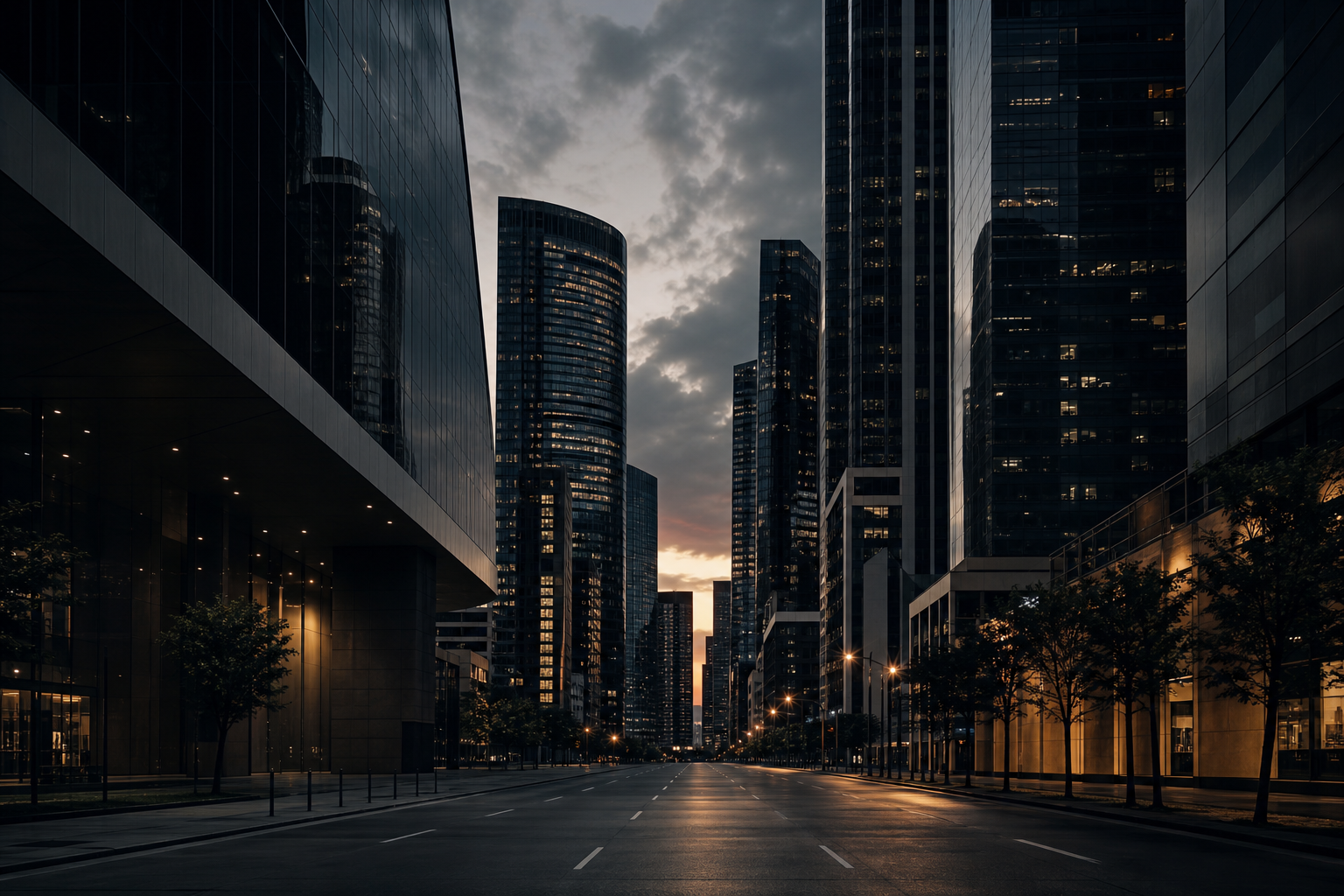 Monumental city towers in muted dusk light with empty streets below