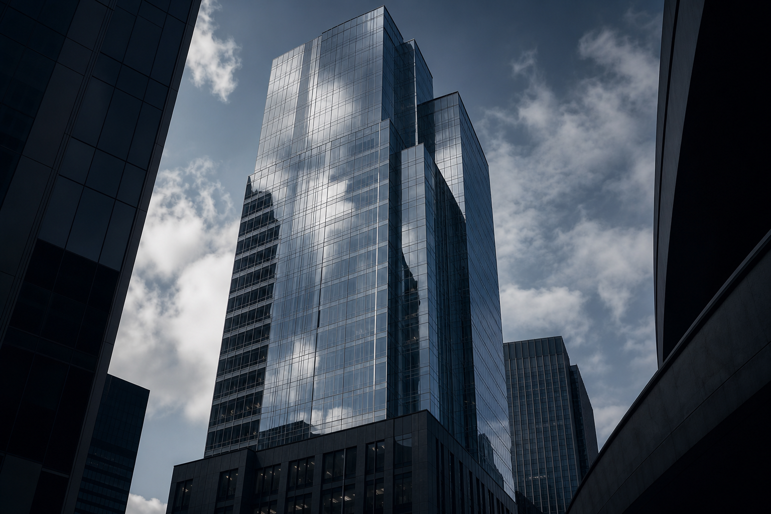 Glass tower reflecting overcast sky tones above a quiet street canyon