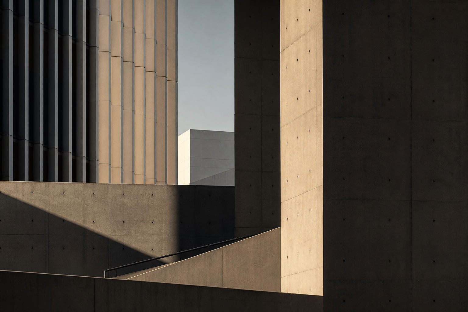 Large-scale architectural photograph of geometric concrete facades and quiet urban light
