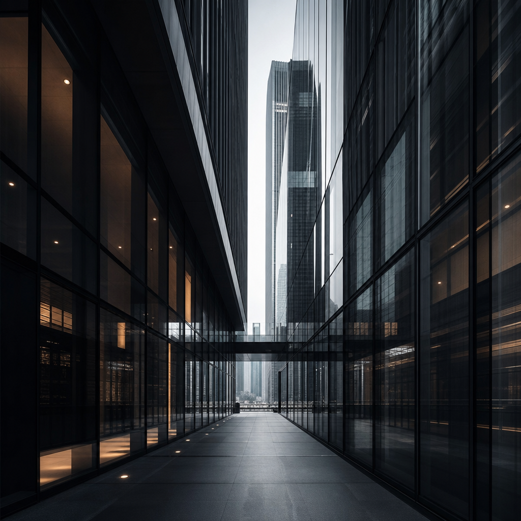 Minimalist glass-and-steel corridor with reflected light and strong vanishing lines