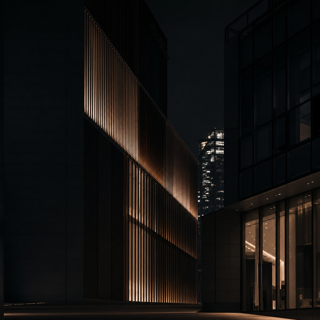 Night urban facade study with illuminated grid patterns and negative sky