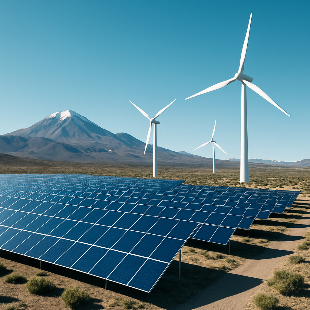 Planta solar y eólica en paisaje boliviano, colores corporativos verde y azul, fotografía moderna, sensación de progreso y sostenibilidad