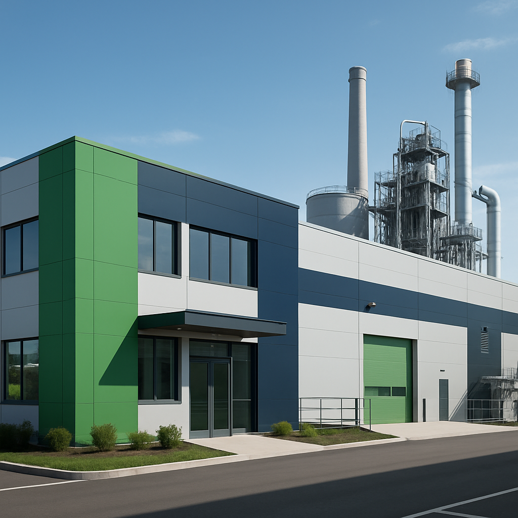 Infraestructura industrial moderna con detalles verdes y azul oscuro, ambiente elegante y minimalista, luz diurna, enfoque en sostenibilidad