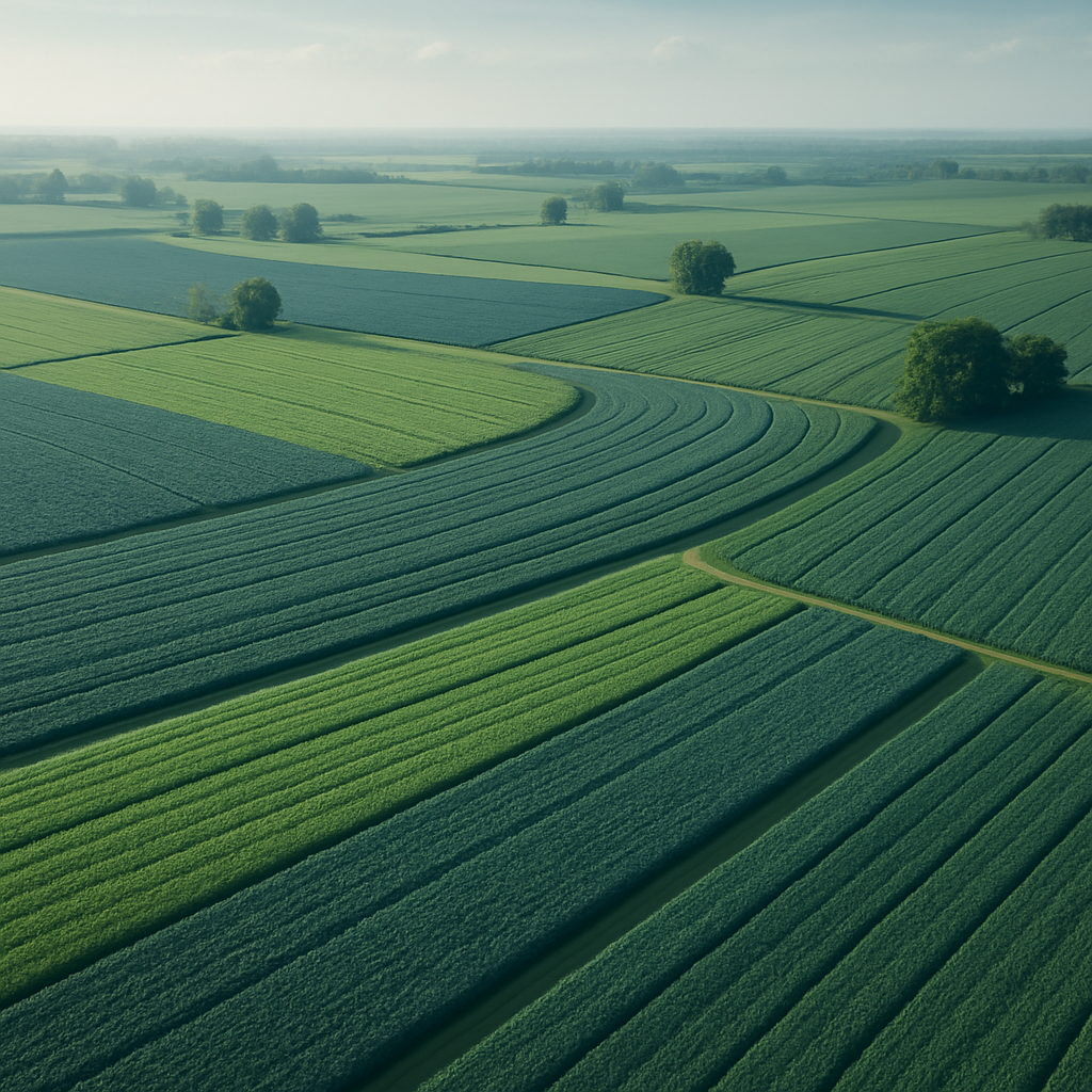 Vista aérea de campos agrícolas sostenibles en Bolivia, colores verdes y azules, luz natural suave, fotografía profesional, ambiente corporativo y confiable