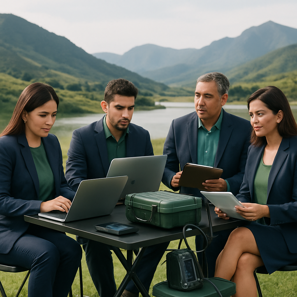 Equipo de consultores ambientales de USUJATANTI SRL trabajando en campo, con elementos naturales y tecnológicos, estilo corporativo moderno, tonos verdes y azul profundo, iluminación natural suave