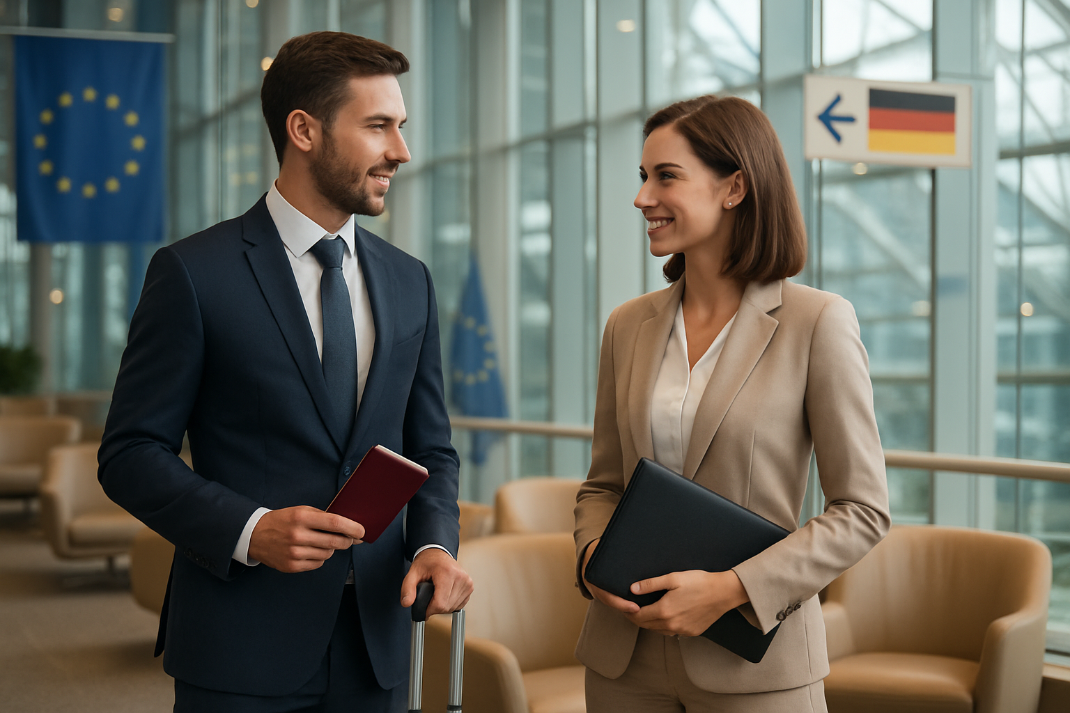 Premium, high-end relocation scene with two well-dressed professionals at a modern European airport lounge, subtle European flag motifs and country signage in the background, soft luxury lighting and polished corporate atmosphere.