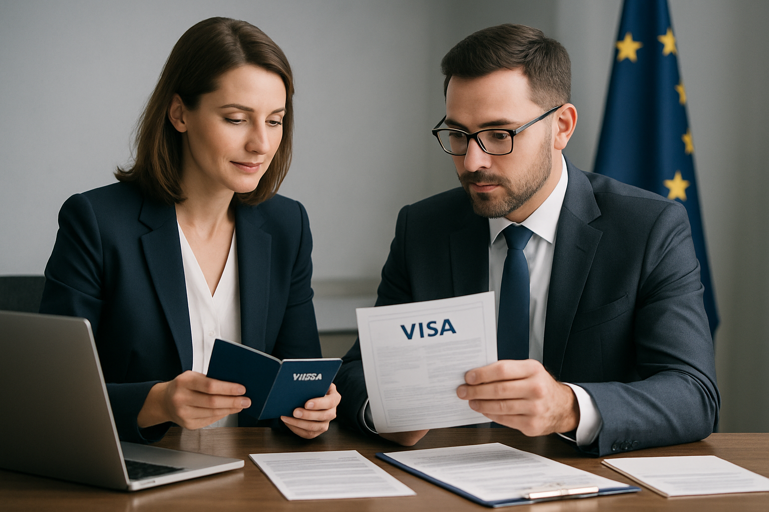 Premium corporate consultation with two professionals reviewing visa documents, passports, and a laptop on a polished desk, with subtle European flag accents in the background