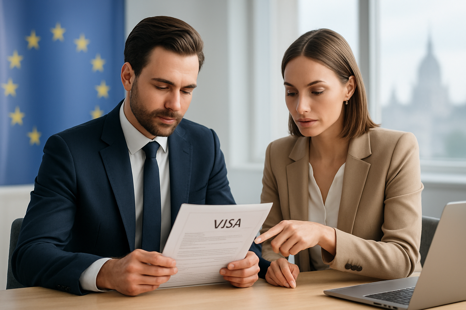 Premium, high-end consultation scene with well-dressed professionals reviewing visa documents at a modern table, with a refined European destination backdrop featuring subtle EU flag accents and a city skyline