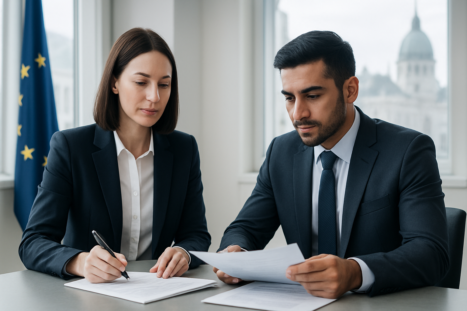 Premium corporate scene with a visa advisor and skilled professional reviewing documents at a sleek desk, elegant European flag motifs and refined city architecture in the background