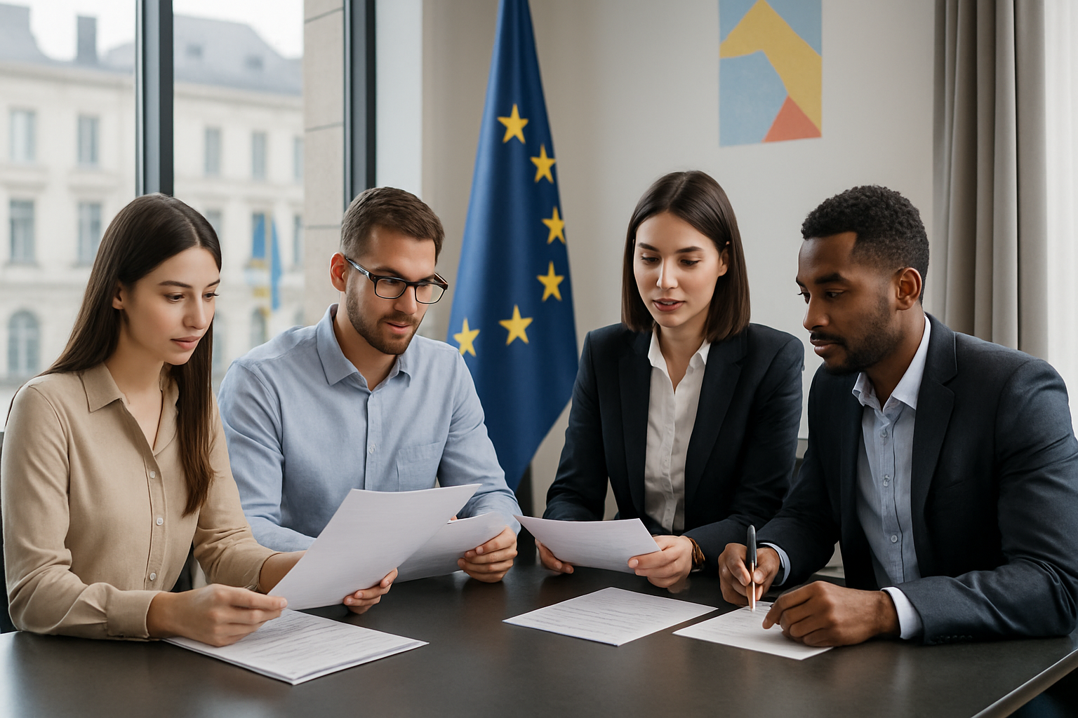 Professional visa support advisors with job seekers reviewing documents in a modern office, subtle European flags in the background for country-themed context