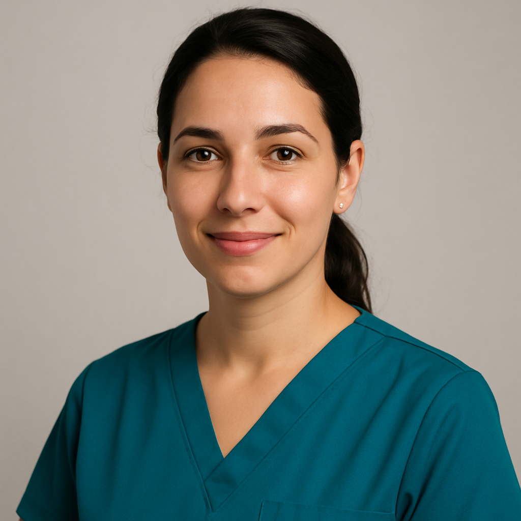 Portrait of a Brazilian nurse wearing a teal scrub top