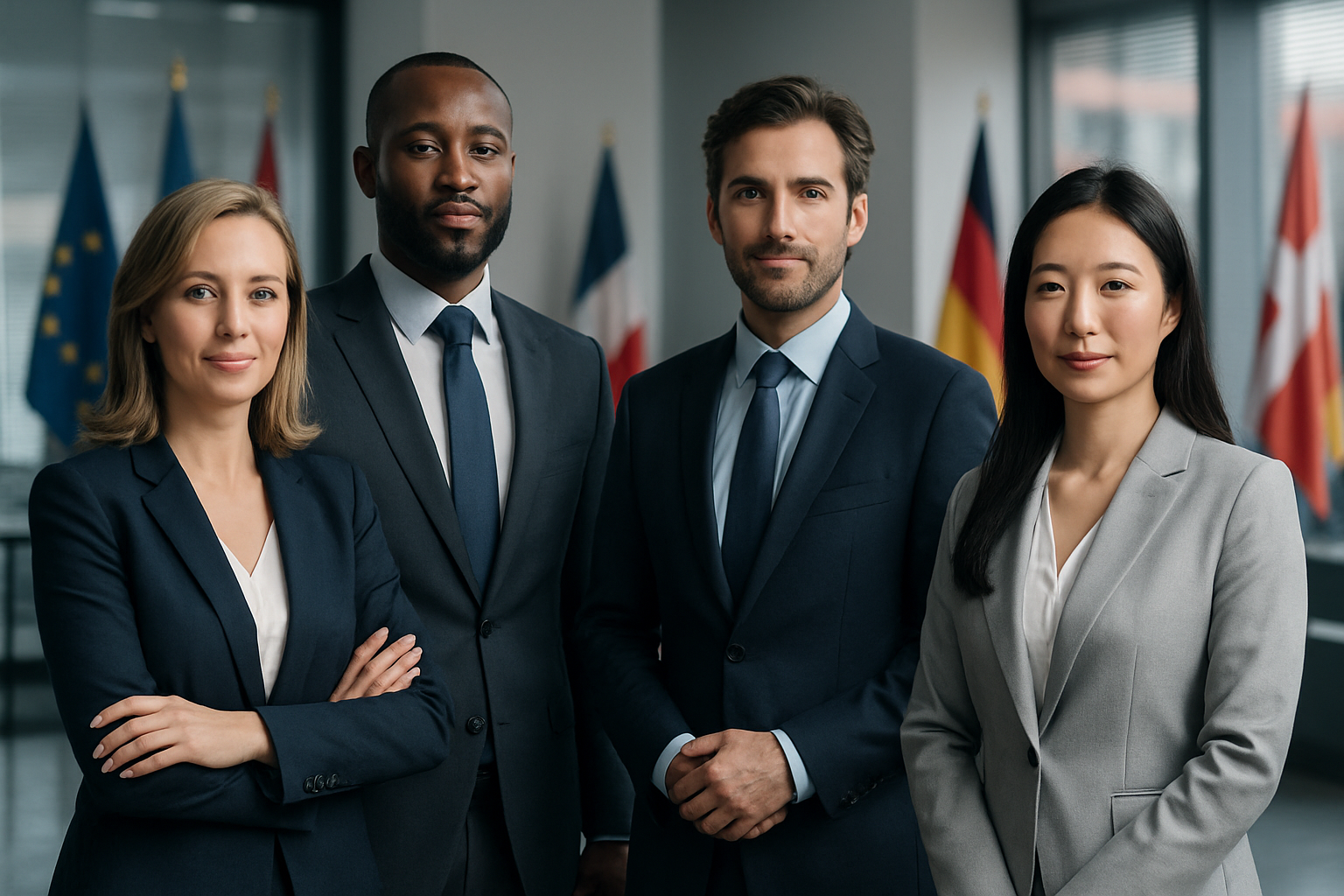 Professional group of diverse skilled workers smiling in a modern office, with subtle European country flags in the background