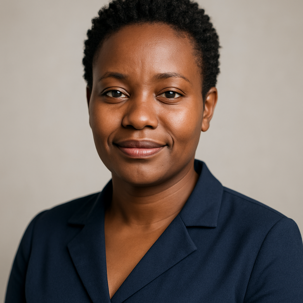 Portrait of a Kenyan hospitality supervisor with short curly hair and navy blouse