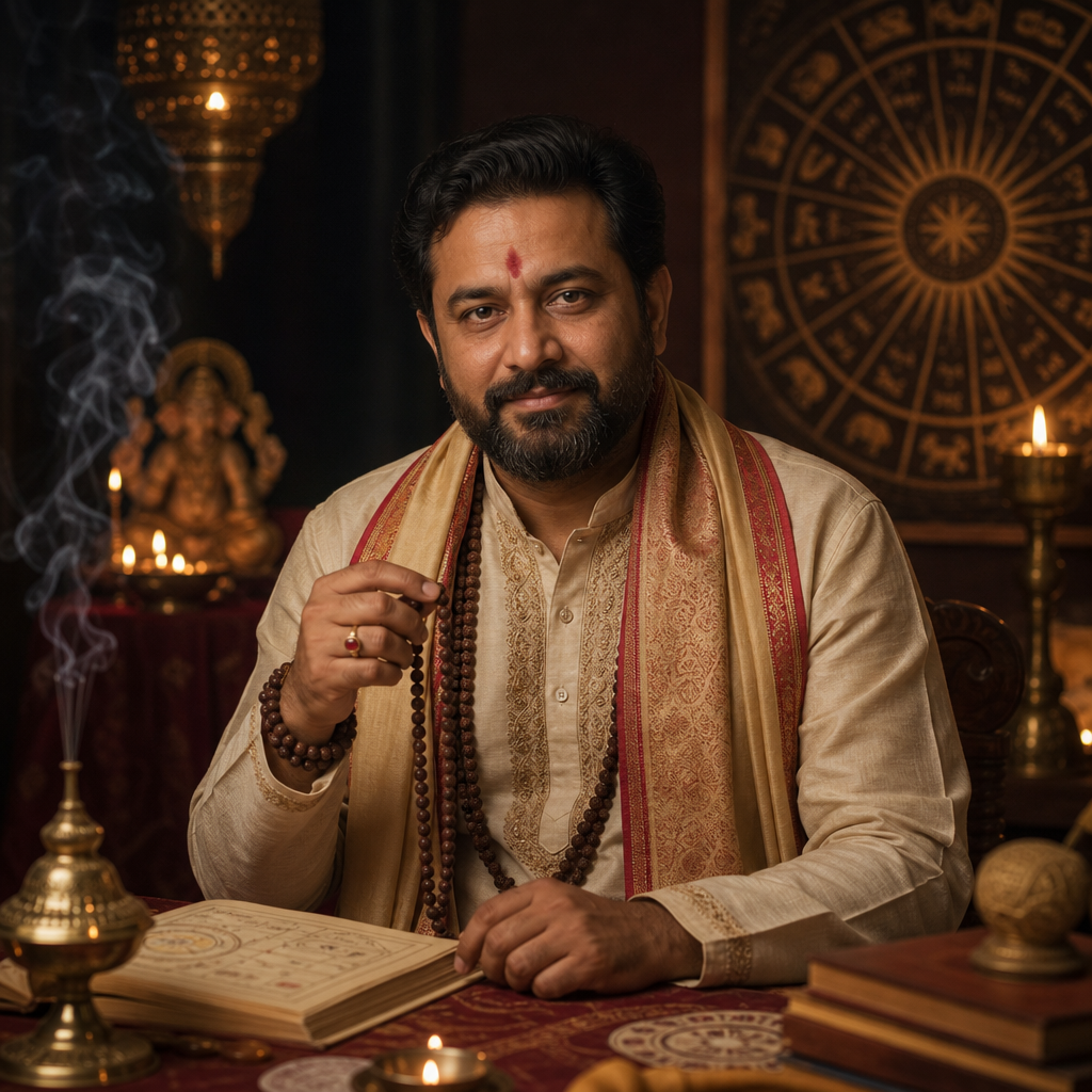 Calm astrologer in traditional attire holding prayer beads in a softly lit spiritual setting