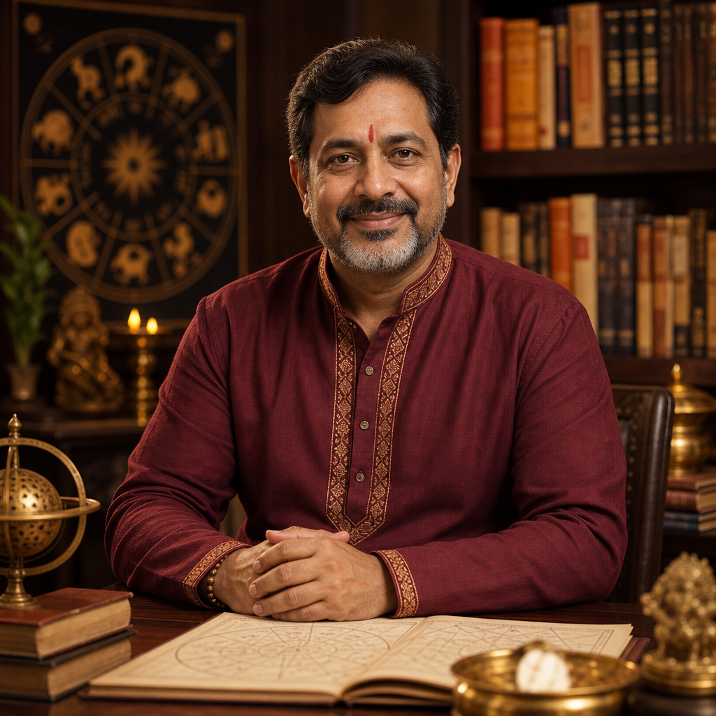Biswas Sadhak seated in a calm, traditional setting, wearing an elegant kurta with gold accents and a warm reassuring expression.