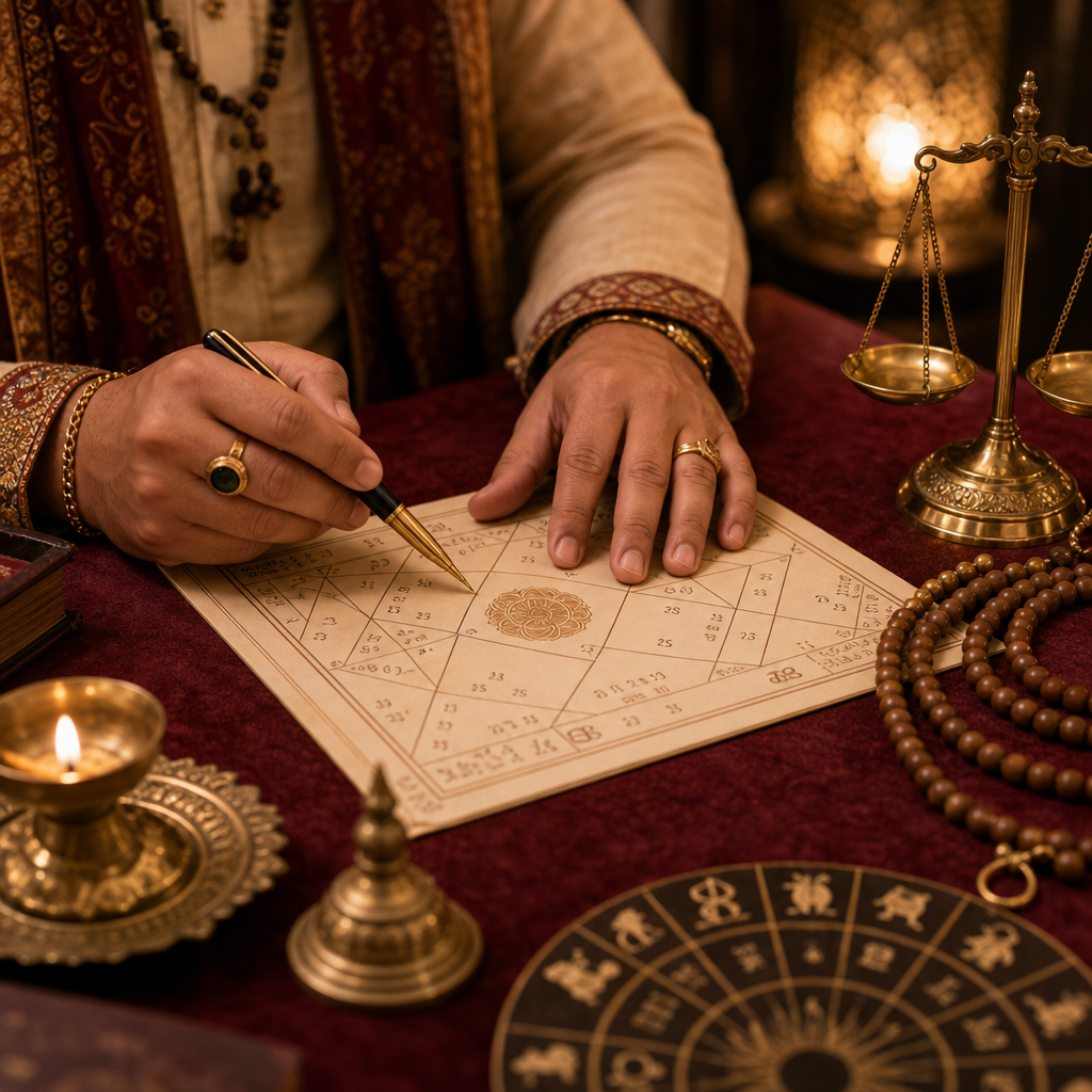 Astrologer hands pointing to a horoscope chart with a pen and brass scale