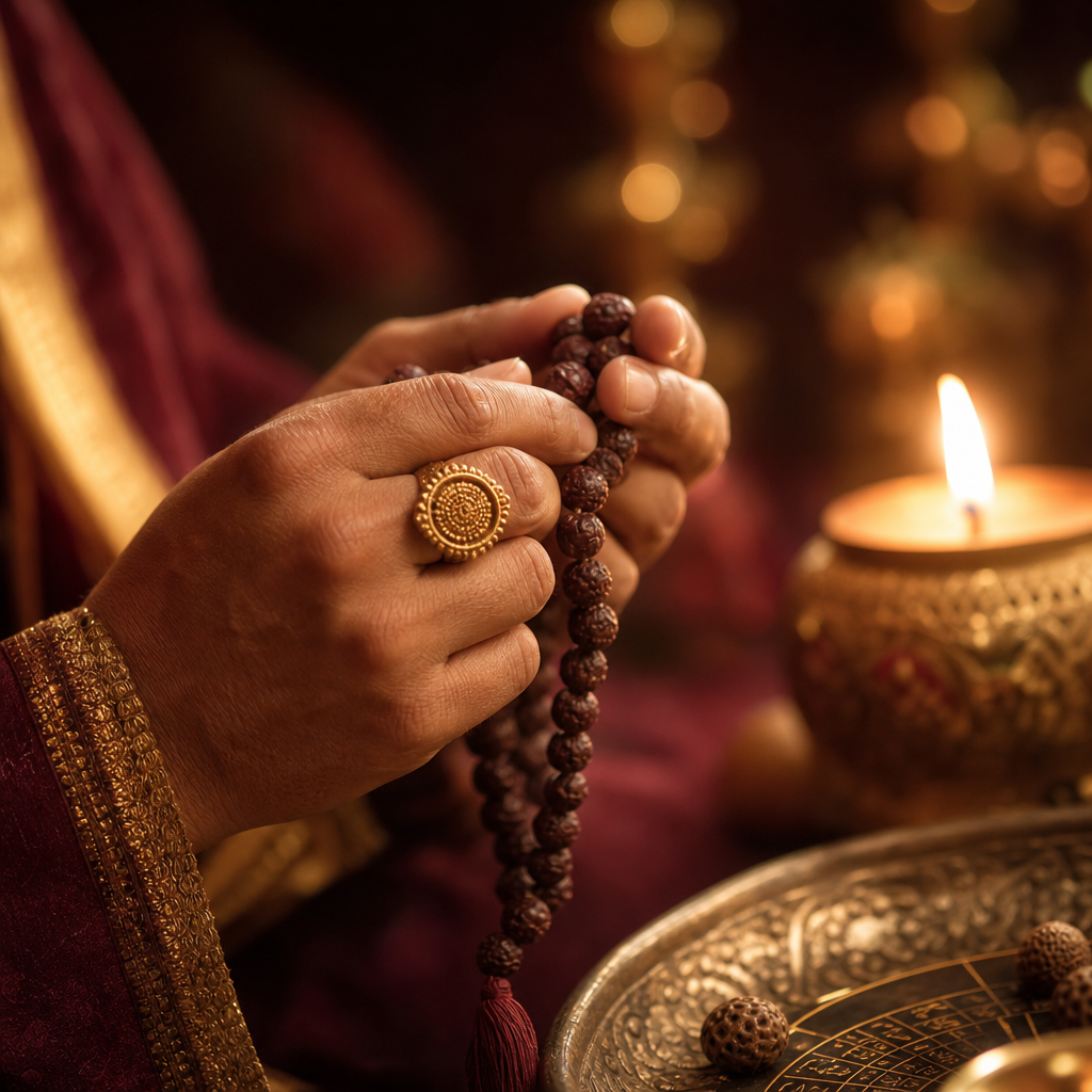 Close-up of hands holding a mala with a gold ring and a glowing candle