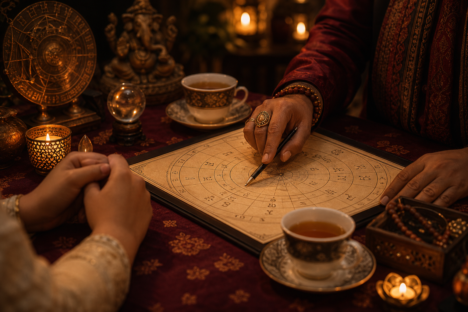 Calm consultation scene with two hands over a chart, tea cups, and soft candlelight