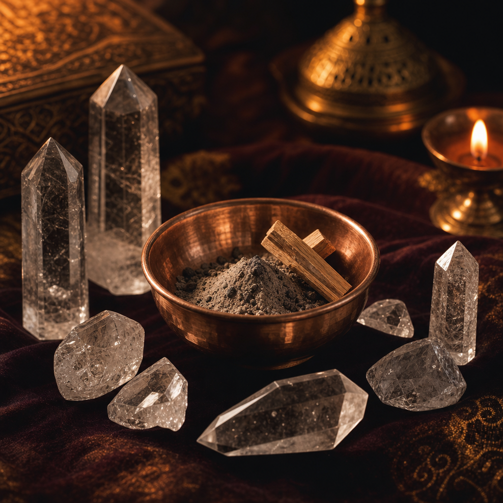 Clear quartz crystals arranged around a small copper bowl with sacred ash and sandalwood