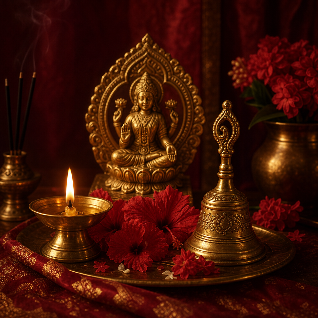 Small devotional altar with a brass bell, diya, and red flowers against a dark maroon backdrop