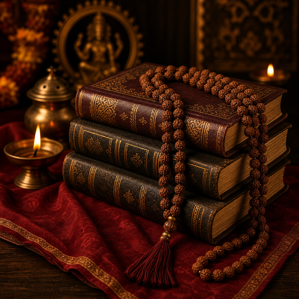 Stack of antique devotional books with gilt edges, malas, and a red cloth on a dark table