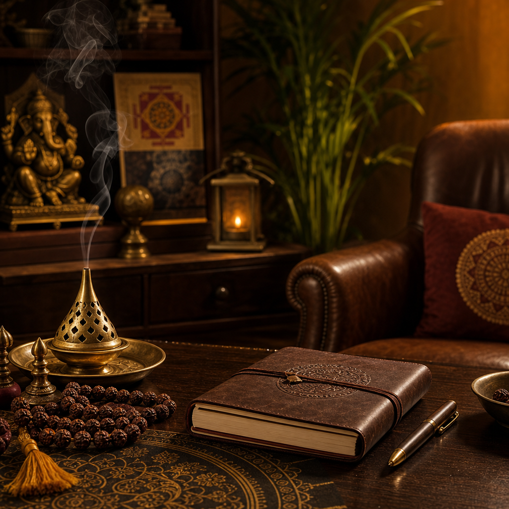 Calm consultation room with incense, prayer beads, and a notebook