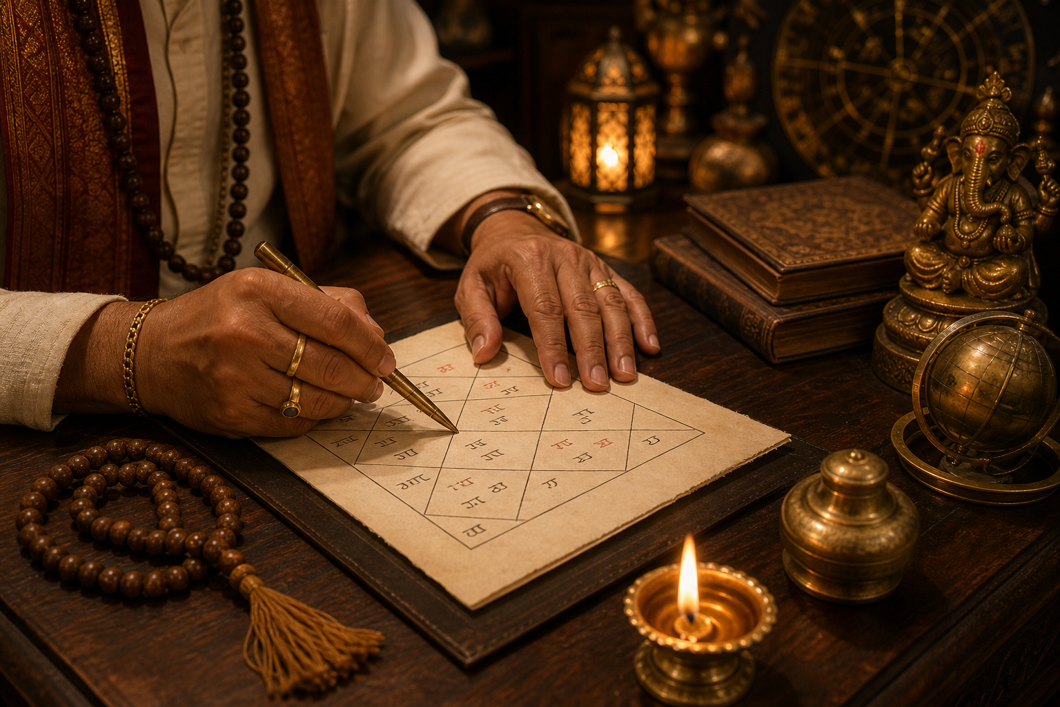 Astrologer reviewing a handwritten kundli chart beside a polished wooden desk with beads and a brass pen