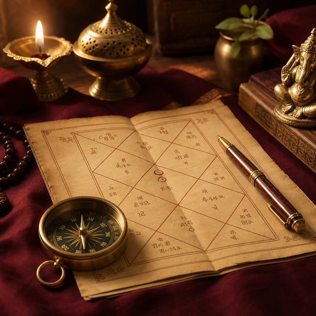 Warm-lit consultation desk with an open kundli chart, brass compass, and maroon cloth