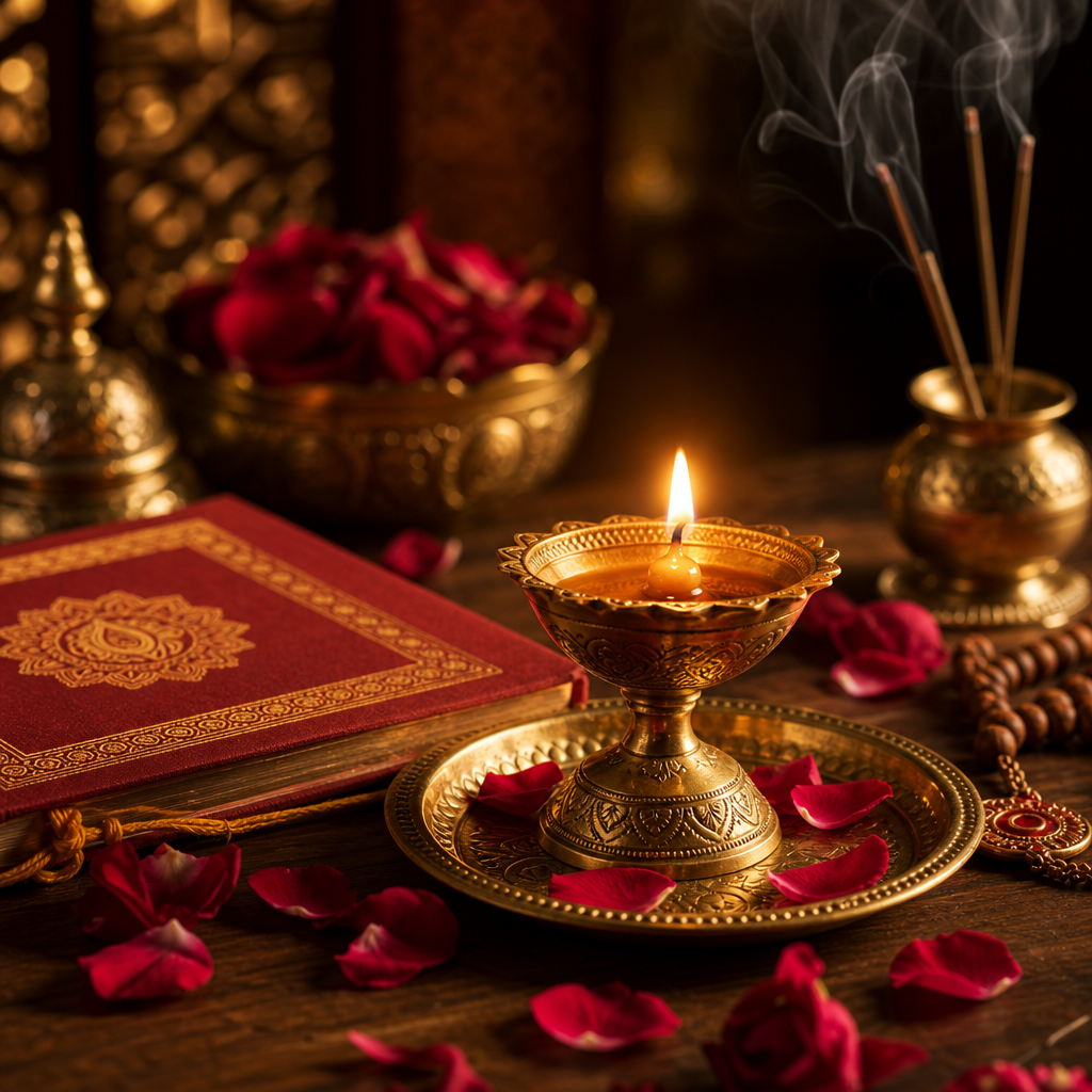Golden diya lamp glowing beside rose petals and a crimson prayer book