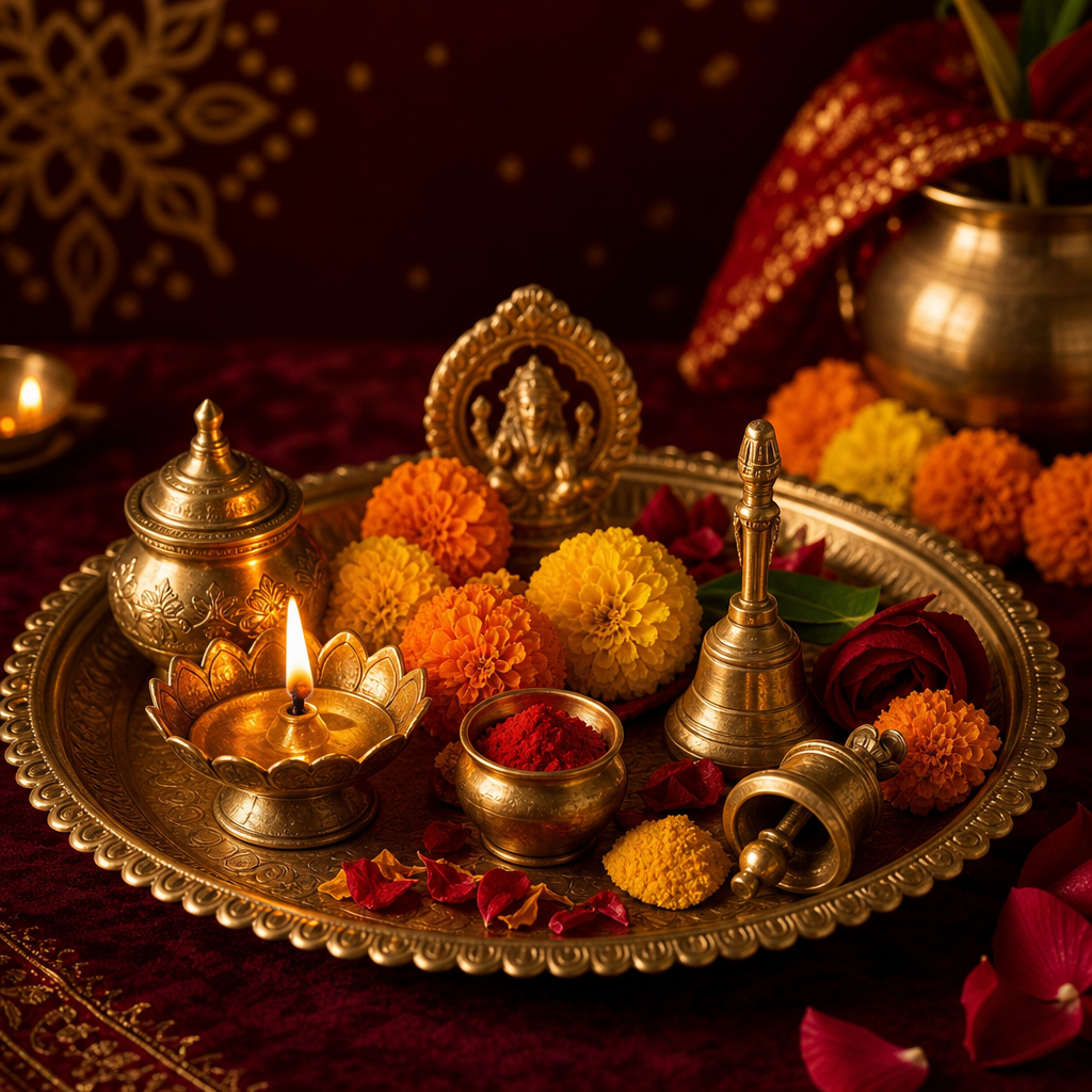 Traditional puja thali with marigolds, vermillion, and brass bells