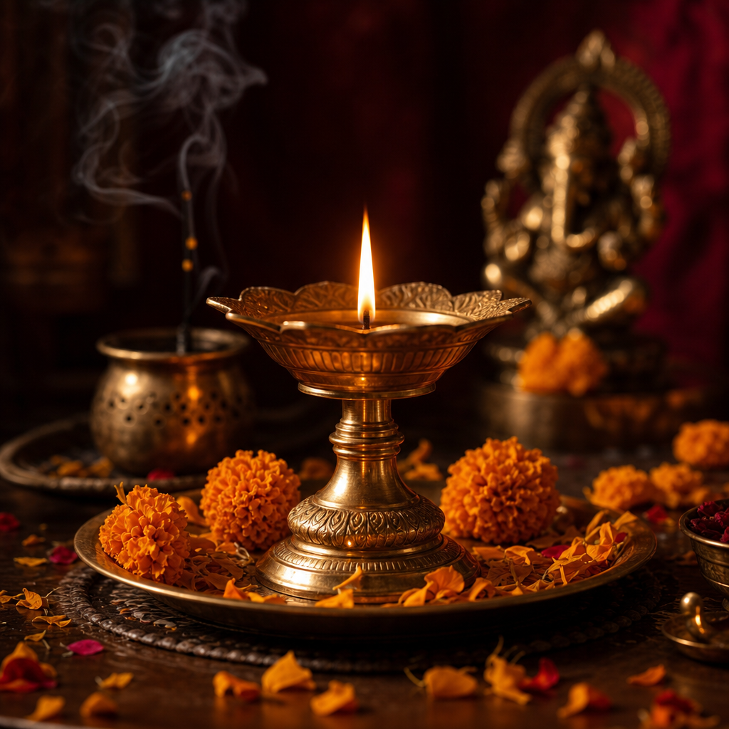 Golden brass oil lamp with soft marigold petals and incense smoke in a dim ritual setting