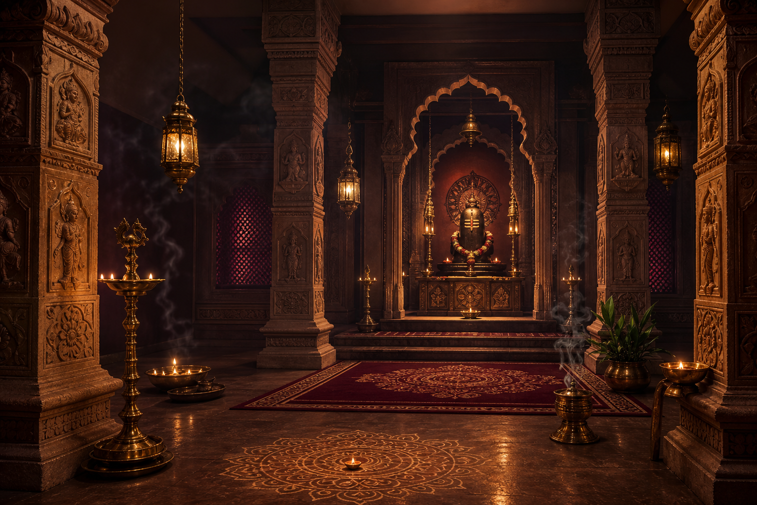 Traditional temple interior with warm lantern glow, carved pillars, and faint incense haze