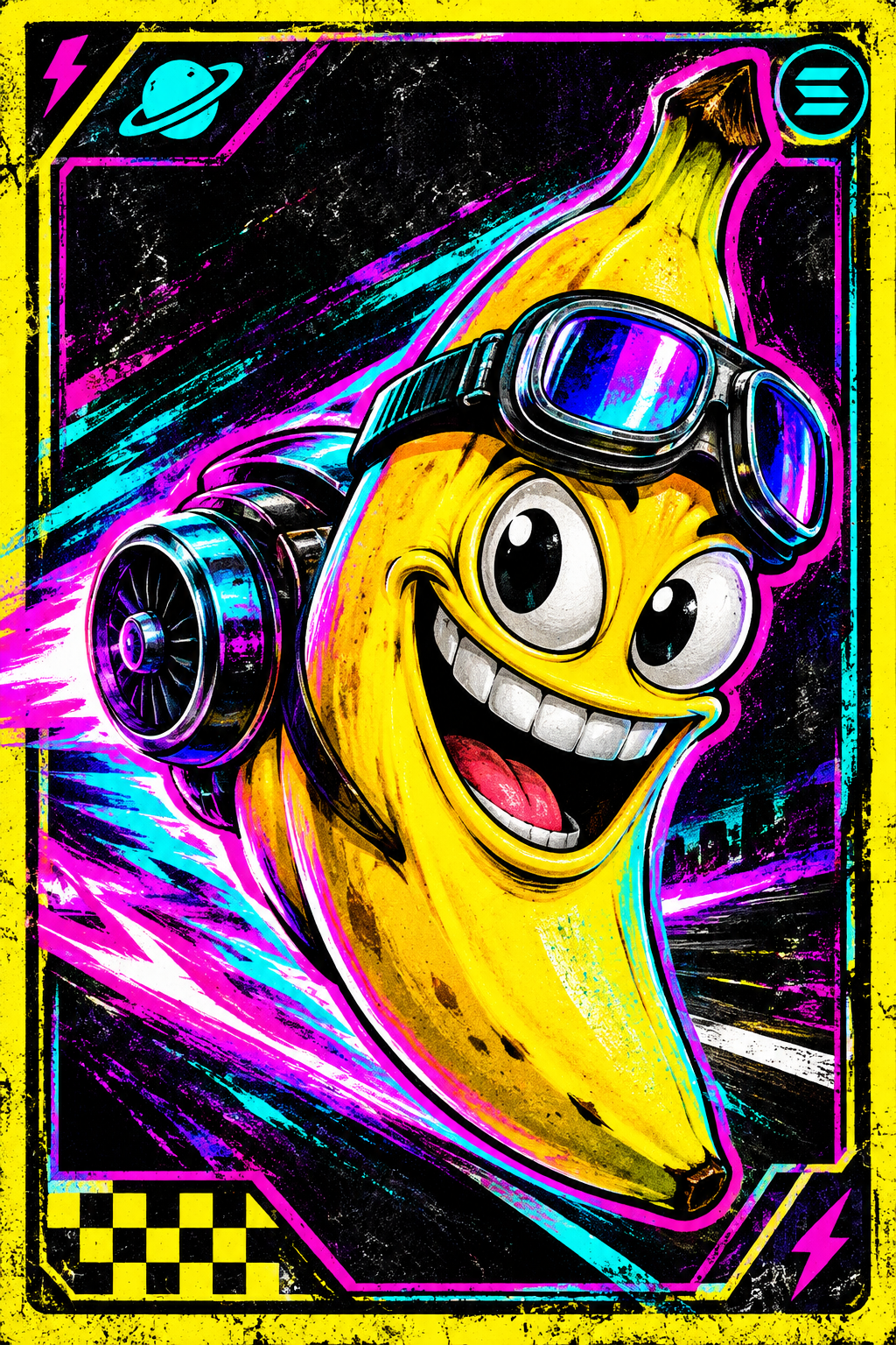 Turbo banana mascot poster with absurd high-energy expression, neon glow lighting, and collectible meme-card framing