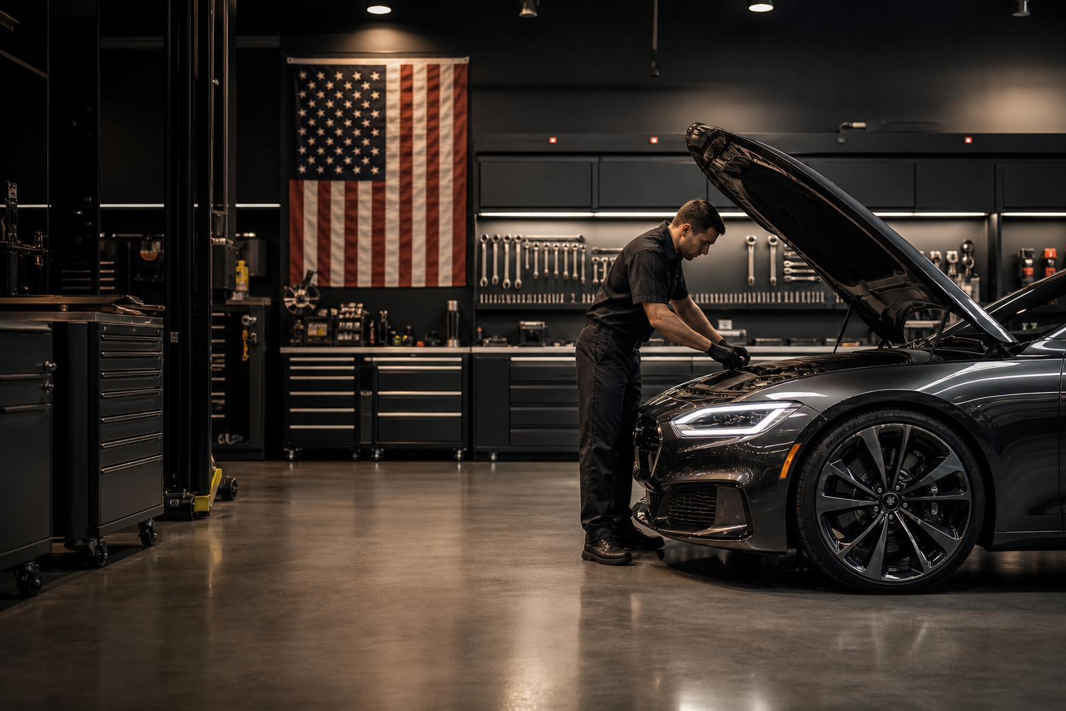 Clean professional garage workspace with polished concrete floors, organized tool stations, and a technician inspecting a premium vehicle under soft directional lighting