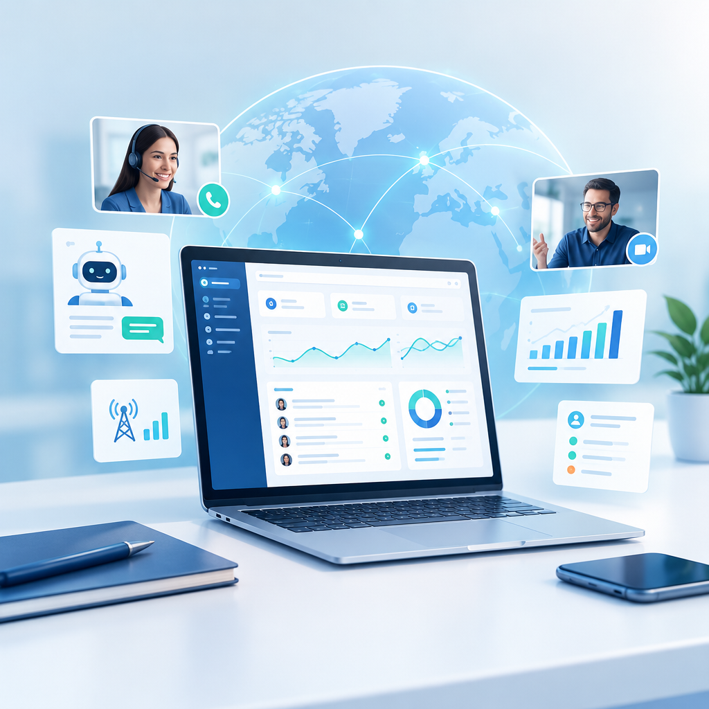 Clean abstract learning technology visual with dashboard screens, global connection lines, and collaborative study elements