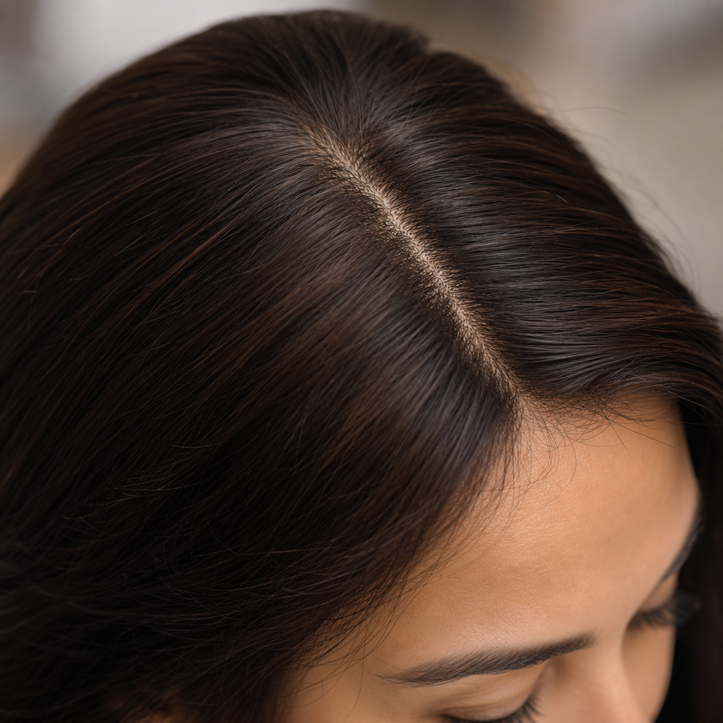 Close-up transformation detail of realistic scalp effect and soft natural shine on premium hair patch