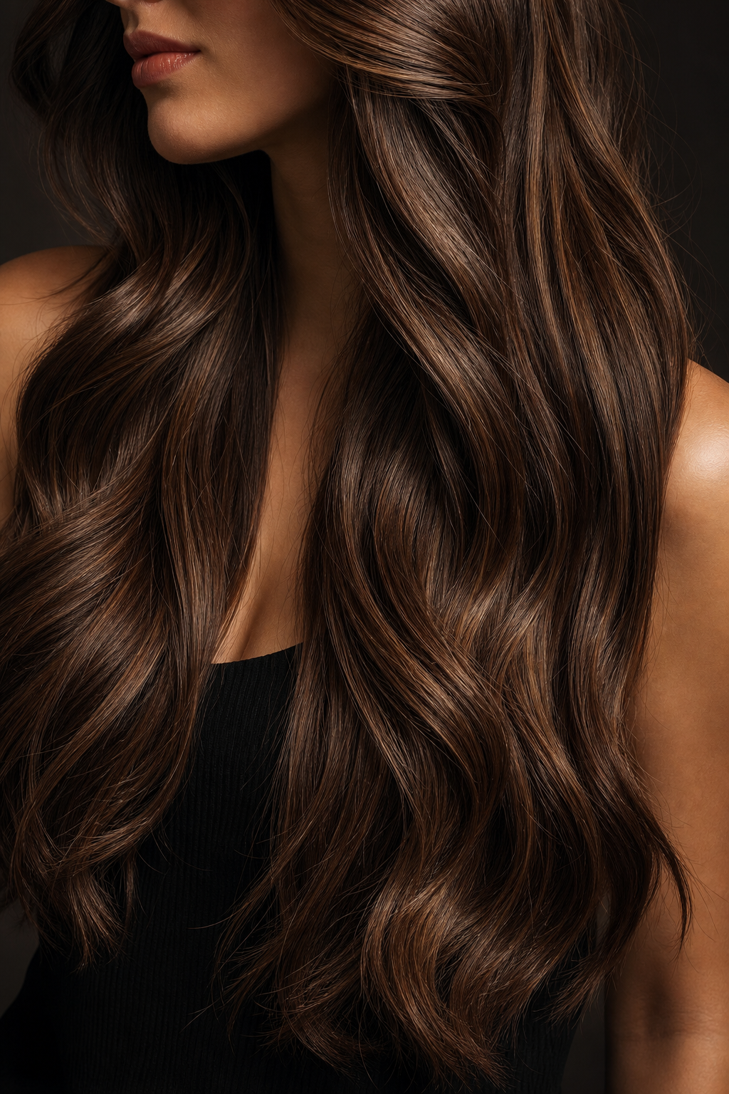 Close-up of premium chestnut brown Remy hair extensions blended into long wavy styled hair with natural shine